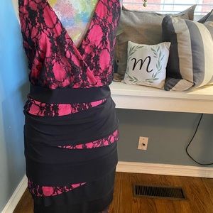 Sexy pink lace overlay bandage style cocktail dress